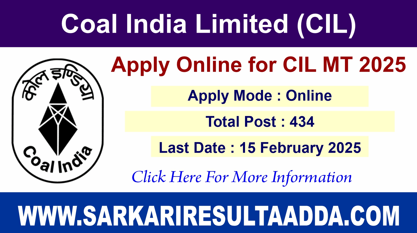 Coal India Limited (CIL) Management Trainee Apply Online for 434 Vacancies