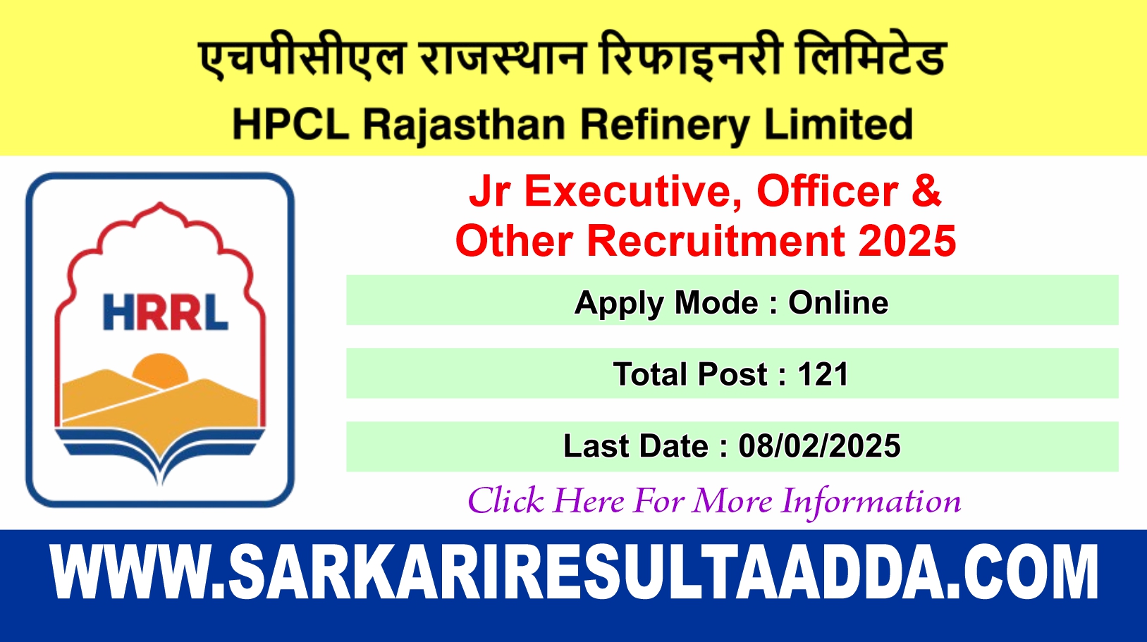 HPCL Rajasthan Refinery Ltd, HRRL Jr Executive, Officer & Other Recruitment 2025 – Apply Online for 121 Posts